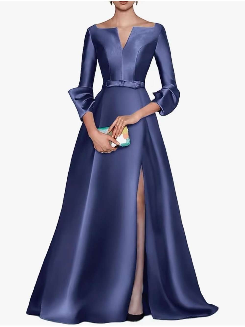 Elegant Lilac Satin Long Sleeve Evening Gown with Side Slit